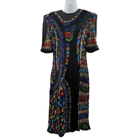Vintage Multicolor Beaded & Sequin Dress | Eves Allure | Size Medium | Made in I - Picture 1 of 4